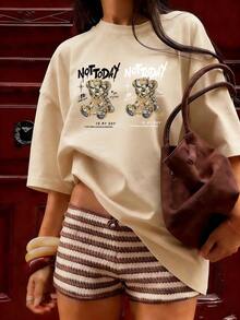 Money Bear T-Shirt With "NOT TODAY" Text, Fashionable Short-Sleeved T-Shirt For Spring And Summer 2026, Made In Mexico, 180 Grams. Cartoon Print, Couple Design, Suitable For Indoor Or Outdoor Wear. Crew Neck, Unisex, Ideal For Office And Leisure. One-Pack. - APR-P631577SLNDXZGY579 - 查看 4