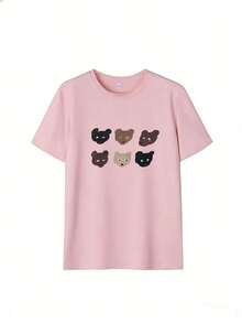 Cute And Casual Short-Sleeve T-Shirt, Fashionable Short-Sleeve T-Shirt For Spring And Summer 2026, Made In Mexico, 180 Grams. Cartoon Print, Couple Design, Suitable For Indoor Or Outdoor Wear. Crew Neck, Unisex, Ideal For Office And Leisure. One-Piece Pack. - PK-P631577SLNDXZGY611 - 查看 2