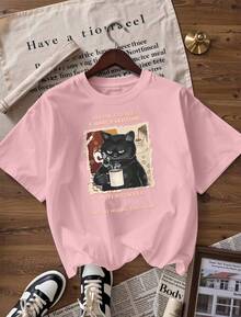 Black Cat T-Shirt With "Before Coffee / After Coffee" Text, Fashionable Short-Sleeve T-Shirt For Spring/Summer 2026, Made In Mexico, 180 Grams. Cartoon Print, Couple Design, Suitable For Indoor Or Outdoor Wear. Crew Neck, Unisex, Ideal For The Office And Leisure. One-Pack. - PK-P631577SLNDXZGY625 - 查看 3