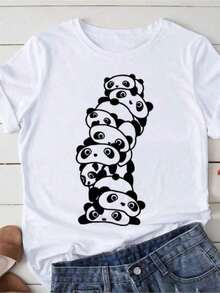 Simple And Versatile Design, Refreshing For Summer, Summer T-Shirts, Women's Cartoon T-Shirt, Kawaii Panda Graphic Print T-Shirts For Yoga, Oversized T-Shirt, Aesthetic Clothing, Cotton T-Shirt - 白色 - 查看 1