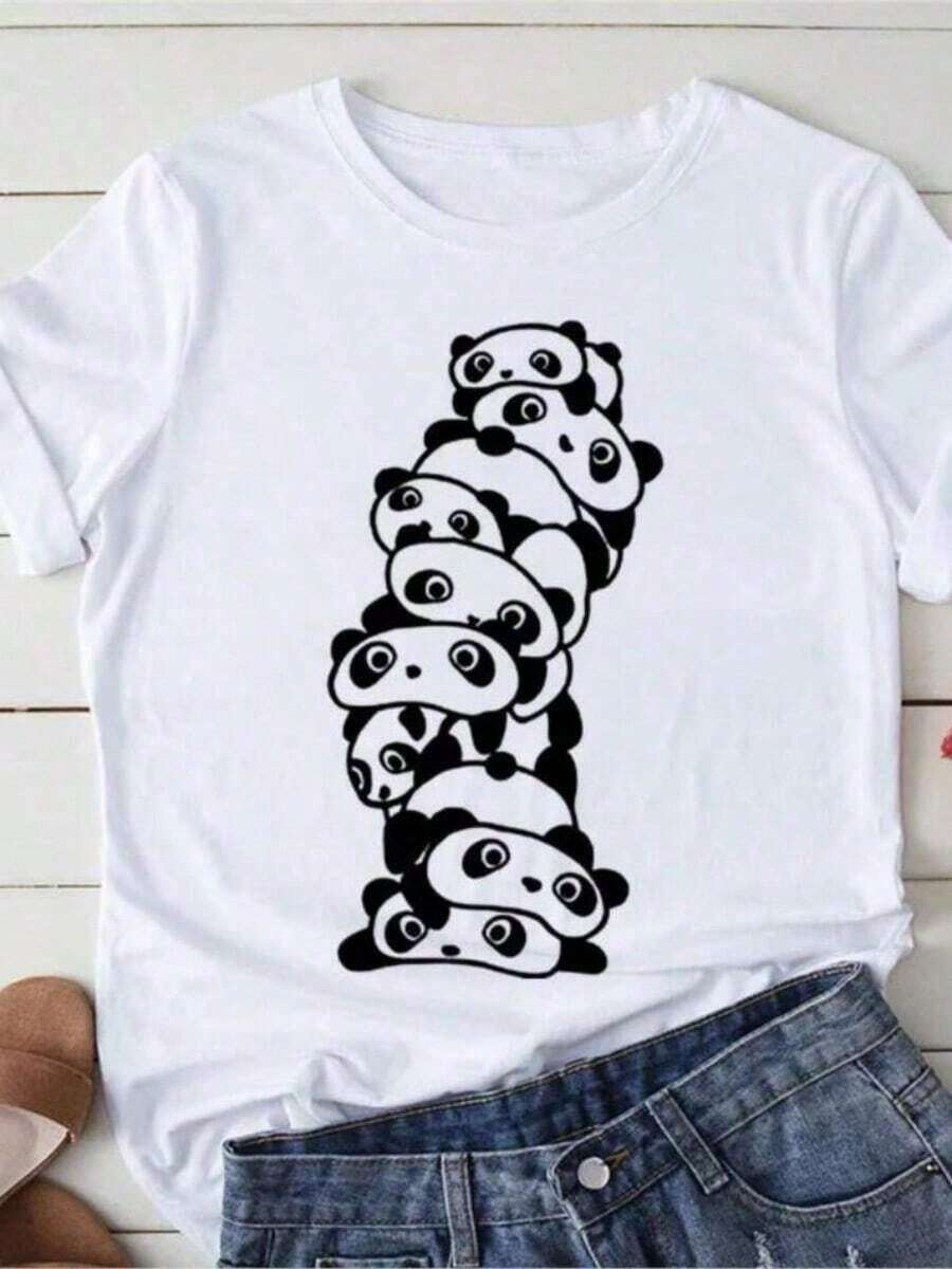 Simple And Versatile Design, Refreshing For Summer, Summer T-Shirts, Women's Cartoon T-Shirt, Kawaii Panda Graphic Print T-Shirts For Yoga, Oversized T-Shirt, Aesthetic Clothing, Cotton T-Shirt - 白色 - 查看 1