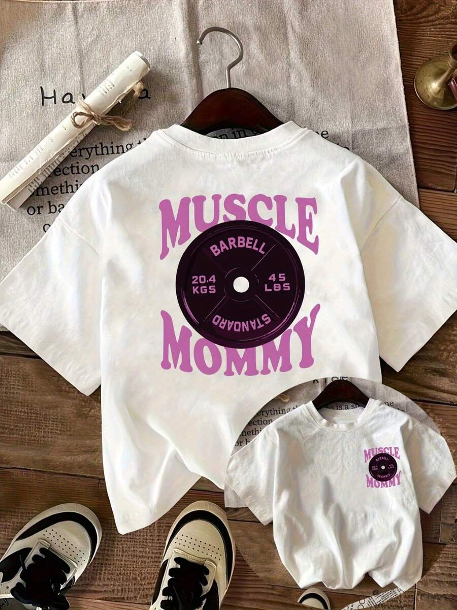 Women's Casual Summer T-Shirt [Double Print On Front And Back] Short Sleeve, "Muscle Mom"/"Fitness Mom" Print, Round Neck, Casual Short Sleeve Top For Women - Women's Clothing, Comfortable Fit, Classic Design - 白色 - 查看 1