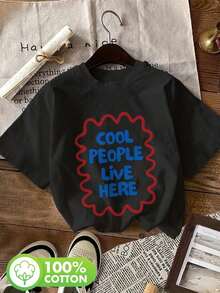 |   Diseño exquisito |   Suelto y cómodo |   Fácil de combinar | Texto de estilo dibujado a mano, diseño de borde, camiseta de manga corta con cuello redondo, estampada a color, de algodón puro [Lang] - Negro - Ver 1