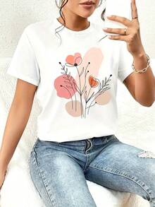 Women's Graphic Print T-Shirt, Short Sleeve, Round Neck, Casual Top For Summer And Spring, Women's Clothing, Women's Night Out Tops - 白色 - 查看 8
