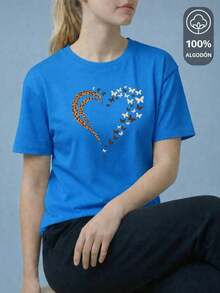 Y2K Style, Fashionable Style, 2026 Newest, Cute Style, Casual Style. Women's Printed T-Shirt "100% COTTON" - "HEART & BUTTERFLIES EDITION" KING SHENDY STORES VENDY 180g (S-XXXL) - 綠松石 - 查看 1