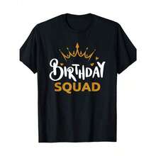 Limited Time Offer, Limited Quantity Available, Lightning, Women's Shirts, Women's T-Shirts. Matching T-Shirt For The Group Of Friends Celebrating Their Birthday: Fun T-Shirt For Family Parties, Black Background With Gold Inscription "Birthday Squad" And A Crown Graphic, Casual Round Neck And Short Sleeve, Perfect For Celebrations. - 黑色 - 查看 1