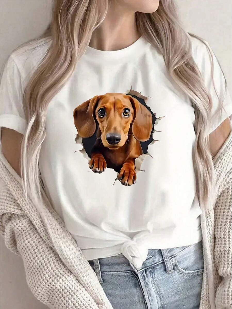 Women's T-Shirt With Adorable Dachshund Print - Soft And Lightweight, With A Round Neck And Designs Of Puppies Or Adult Dogs, Suitable For Home, Cafes Or Everyday Outdoor Use - Machine Washable Garment For Pet Lovers. - 白色 - 查看 1