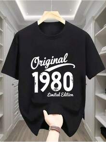 Men's Cotton Crew Neck Graphic Print T-Shirt, Black And White Options, Original 1980 Limited Edition, Oversized Casual Wear T-Shirts, Loose Short Sleeve Tops For Spring, Fashionable Basic Summer T-Shirts, Gift Clothing For Men - 黑色 - 查看 1