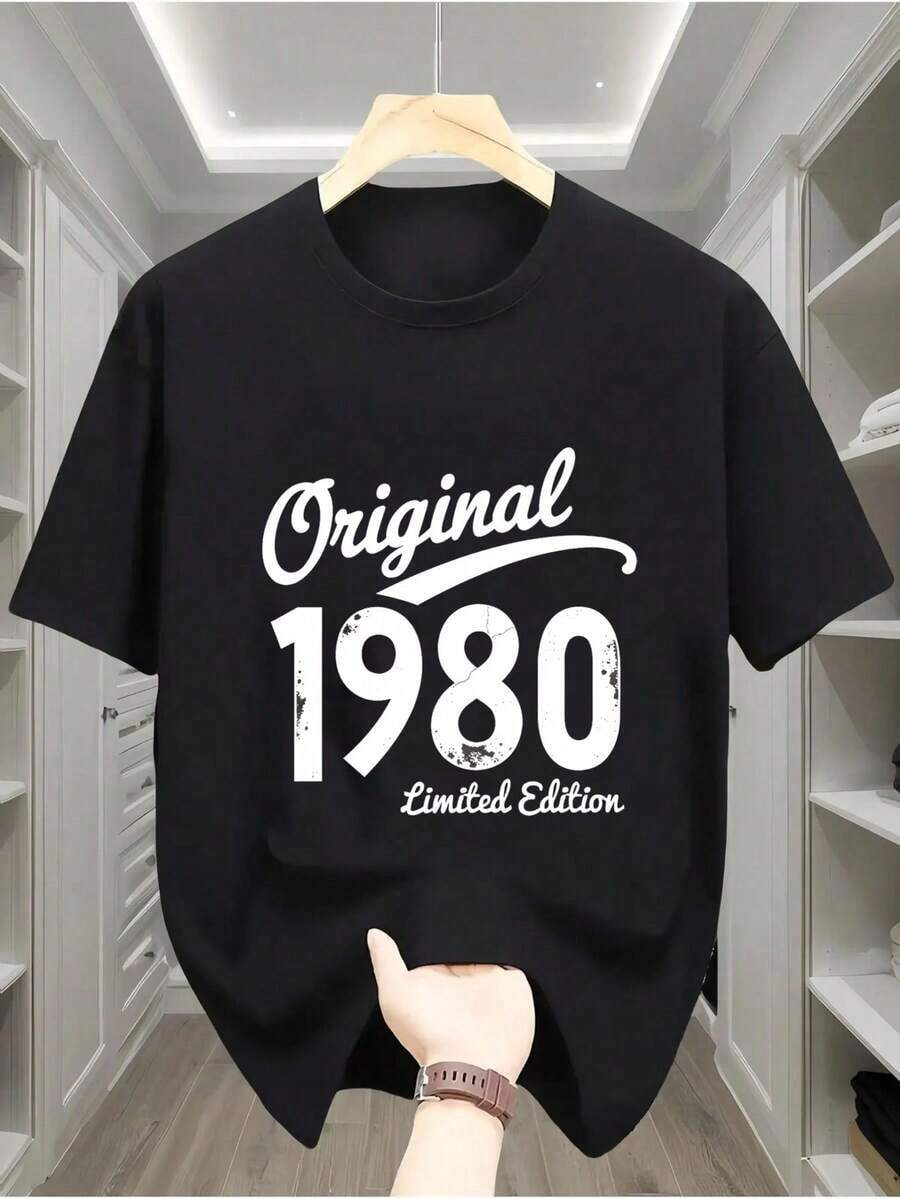 Men's Cotton Crew Neck Graphic Print T-Shirt, Black And White Options, Original 1980 Limited Edition, Oversized Casual Wear T-Shirts, Loose Short Sleeve Tops For Spring, Fashionable Basic Summer T-Shirts, Gift Clothing For Men - 黑色 - 查看 1