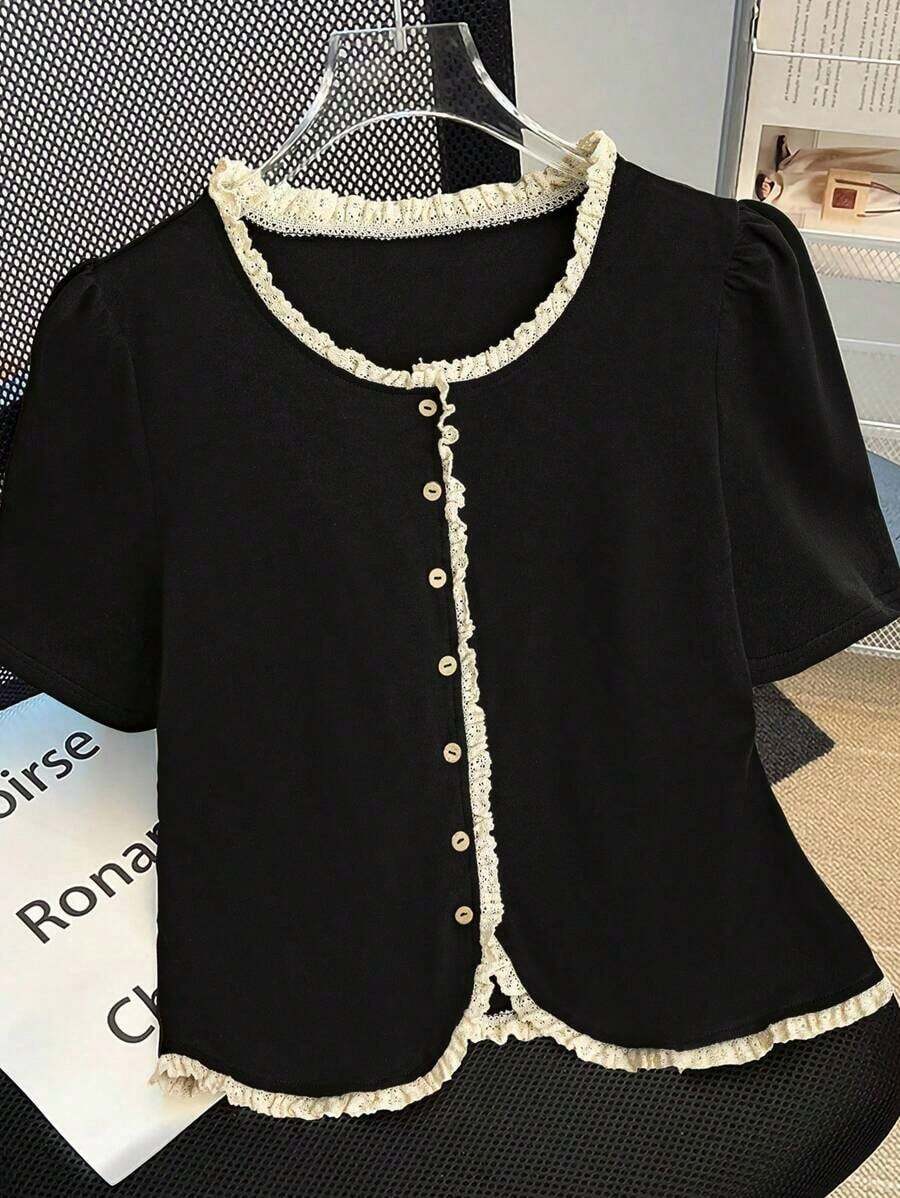 2026 Everyssa Camiseta de mujer con elegante acabado de encaje en contraste de colores, para verano - Negro - Ver 1