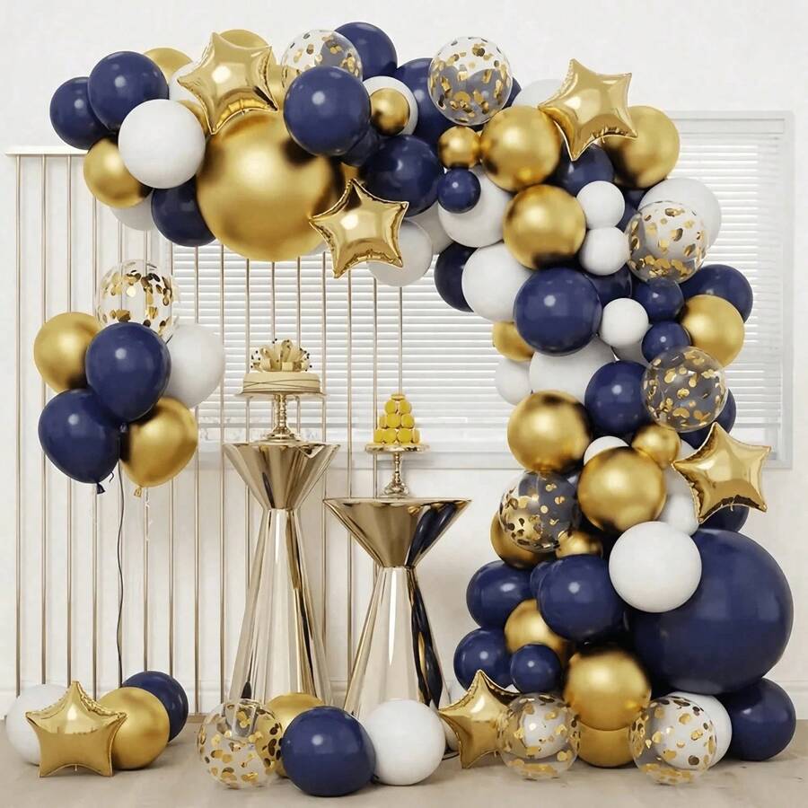 117 Stücke Luxus Marineblau Gold Konfetti Ballon Girlande Bogen Set, weiße matte Latex Ballons, Alles-passend Dekoration für Geburtstag, Hochzeit, Abschlussfeier, Tanzparty, Innen- und Außenbereich - Mehrfarbig - Übersicht 1