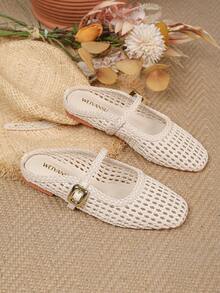 2026 New Vacation Style Bohemian Hollow Artificial Woven Breathable Buckle Mule Women's Shoes, Flat Casual Comfortable Elegant Perforated Shoes, Lightweight, Breathable, Suitable For Daily Casual, Shopping, Office And Other Occasions. - Apricot - View 2