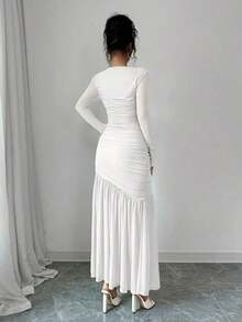 Vestido largo de manga larga con cuello redondo y malla para mujer, vestido casual de otoño.Adecuado para ropa de otoño, atuendo de regreso a clases, atuendo de maestro - Blanco - Ver 2
