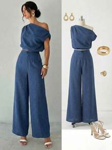 Conjunto de blusa suelta asimétrica sin hombros con baño de oro sin mangas y pantalones de pierna ancha con cintura elástica, adecuado para citas, fiestas, viajes diarios, festivales de música, ceremonias de graduación, atuendos de maestros y ocasiones formales - Azul - Ver 3