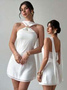 Elegante y delicado vestido camisero con decoración metálica y espalda descubierta, ropa de verano, ropa de playa, ropa de resort, ropa de resort bohemia y tropical, atuendo para conciertos, fiestas rave, festivales de música country, elegante atuendo para citas nocturnas, vestido de verano para mujer, vestido para té de la tarde, vestido blanco de graduación, atuendo de celebración para festivales de música, vestido con espalda descubierta - Blanco - Ver 1