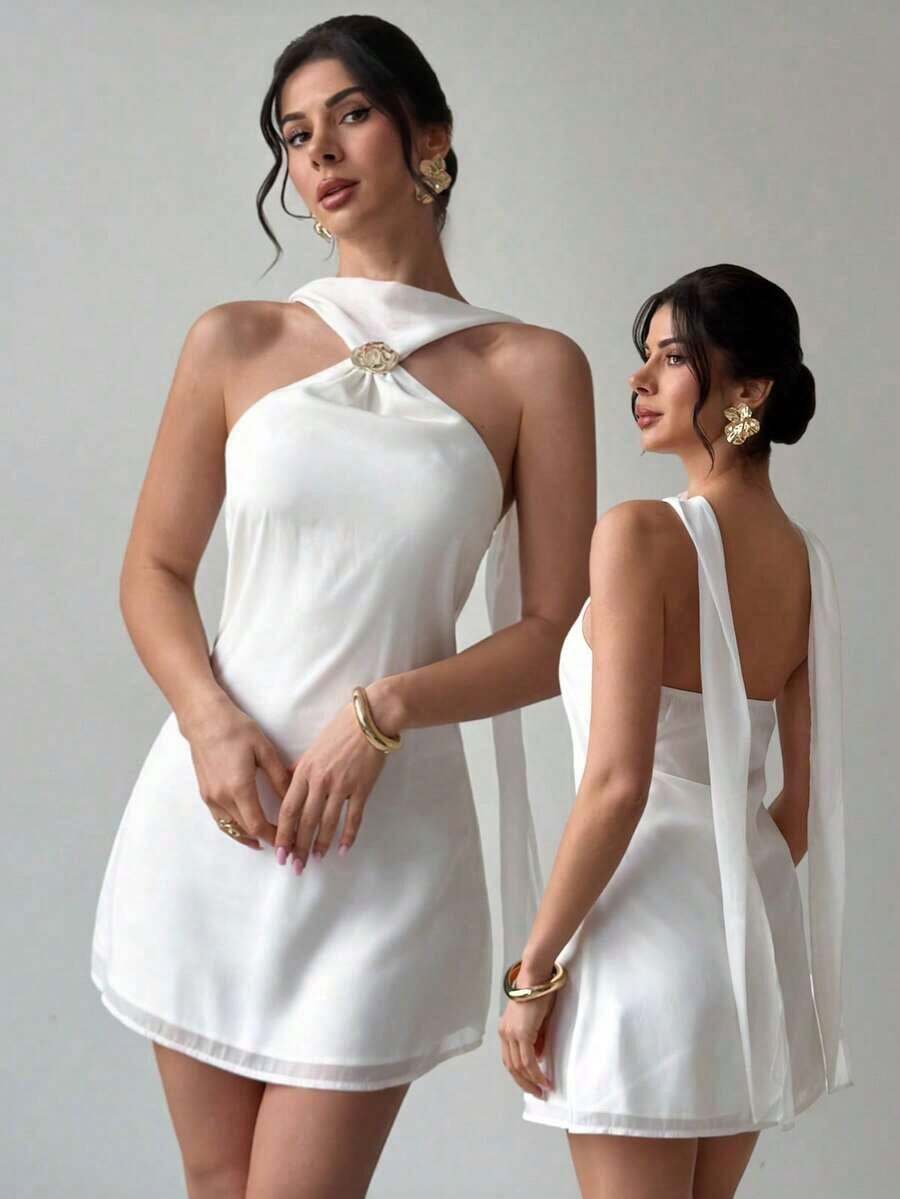 Elegante y delicado vestido camisero con decoración metálica y espalda descubierta, ropa de verano, ropa de playa, ropa de resort, ropa de resort bohemia y tropical, atuendo para conciertos, fiestas rave, festivales de música country, elegante atuendo para citas nocturnas, vestido de verano para mujer, vestido para té de la tarde, vestido blanco de graduación, atuendo de celebración para festivales de música, vestido con espalda descubierta - Blanco - Ver 1