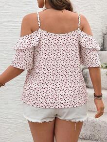Camiseta romántica con volantes y escote descubierto de corazoncitos para vacaciones, talla grande.Ideal para fiesta casual, picnic o San Valentín. - Blanco - Ver 2