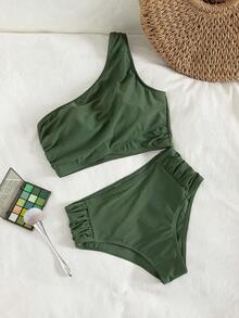 Swim Conjunto de bikini fruncido de unicolor para playa y vacaciones de verano - Verde - Ver 6