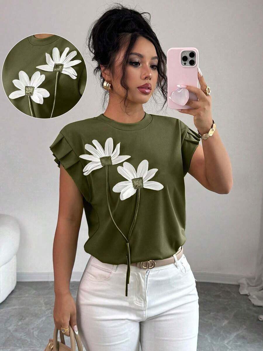 Camiseta de mujer con flores tridimensionales lindas y contrastantes para verano y otoño - verde militar 2 - Ver 1