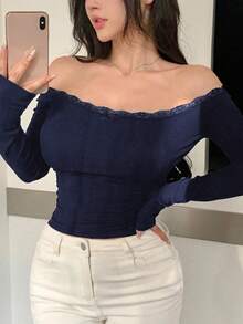 Camiseta ajustada para mujer con hombros descubiertos, con encaje y lazo de contraste, manga larga, top con hombros descubiertos - Azul marino - Ver 6