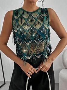 Top corto casual de mujer con malla y lentejuelas - Verde - Ver 1