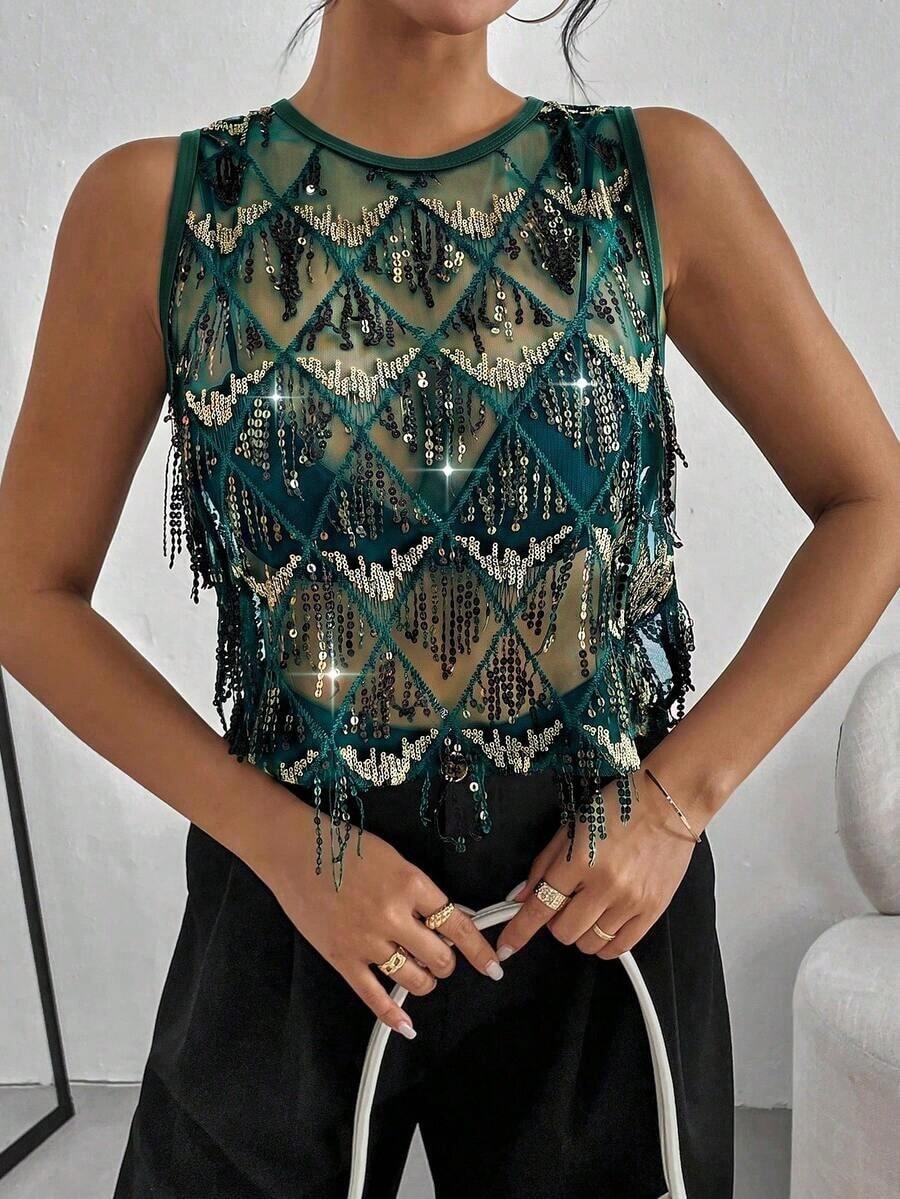 Top corto casual de mujer con malla y lentejuelas - Verde - Ver 1