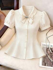 CURVE Blusa de manga de pétalo con lazo decorativo, casual/para el trabajo, talla grande de verano - Albaricoque - Ver 1
