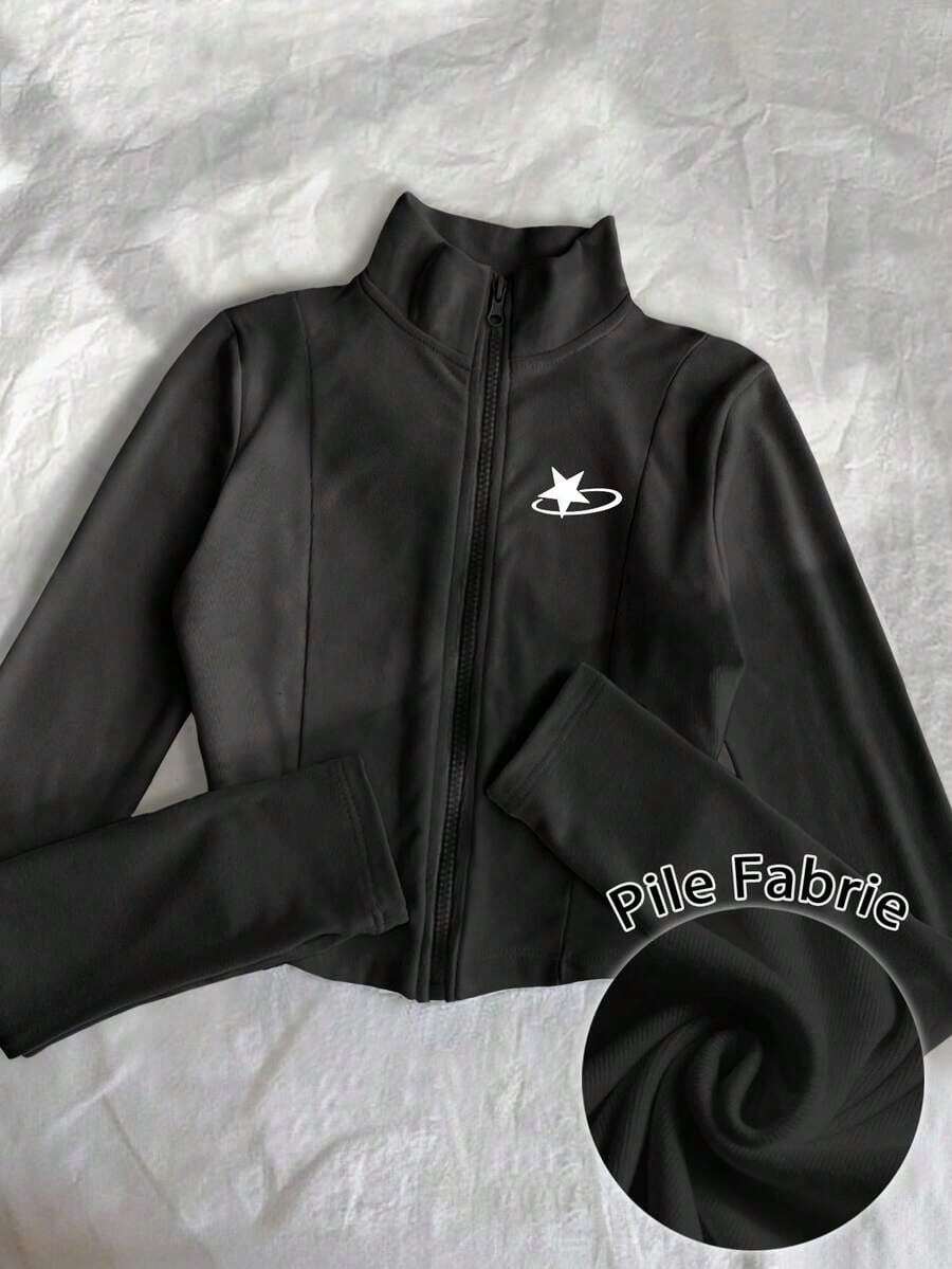 Chaqueta ligera con estampado de polo para mujer, abrigo casual de calle deportivo con cremallera, ajuste delgado de manga larga, otoño - Negro 3 - Ver 1