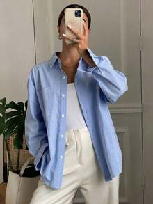 Camisa de manga larga con hombros caídos y rayas verticales - Azul - Ver 8