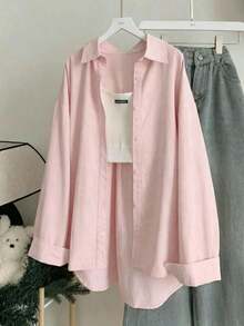 Camisa casual de mujer con aplicación de unicolor - Rosa - Ver 1