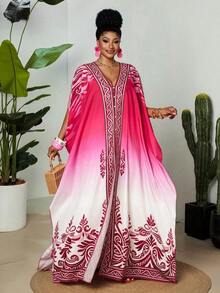 Vestido maxi con cuello en V, mangas tipo murciélago y botones para mujer talla grande, de primavera/verano, estilo bohemio, elegante y lujoso, relajado y vintage, para usar en la playa, con estampado geométrico degradado, cómodo y holgado tipo kaf - Multicolor - Ver 9