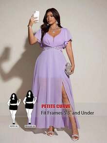 fluido de manga corta y cuello en V elegante y romántico para mujer de talla grande, primavera/verano - Morado - Ver 8