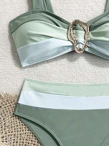 Conjunto de bikini con empalme y bloqueo de color, seductor y con Charm maduro - Verde - Ver 5