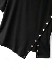 Camiseta de manga corta de talla grande para mujer, de unicolor, con dobladillo asimétrico, para uso diario y casual - Negro - Ver 3