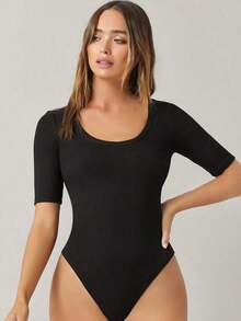 Body de mujer de unicolor, cuello redondo, manga corta, ajuste ceñido, uso diario casual - Negro - Ver 6