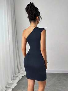 Vestido corto de mujer con decoración de perlas falsas, unicolor y hombro asimétrico - Azul marino - Ver 2