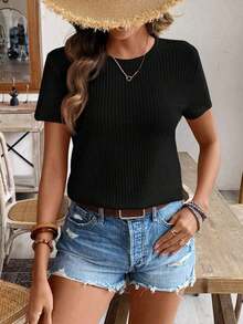 Camiseta de verano para mujer con cuello redondo de unicolor, manga corta y tela texturizada para uso casual - Negro - Ver 4