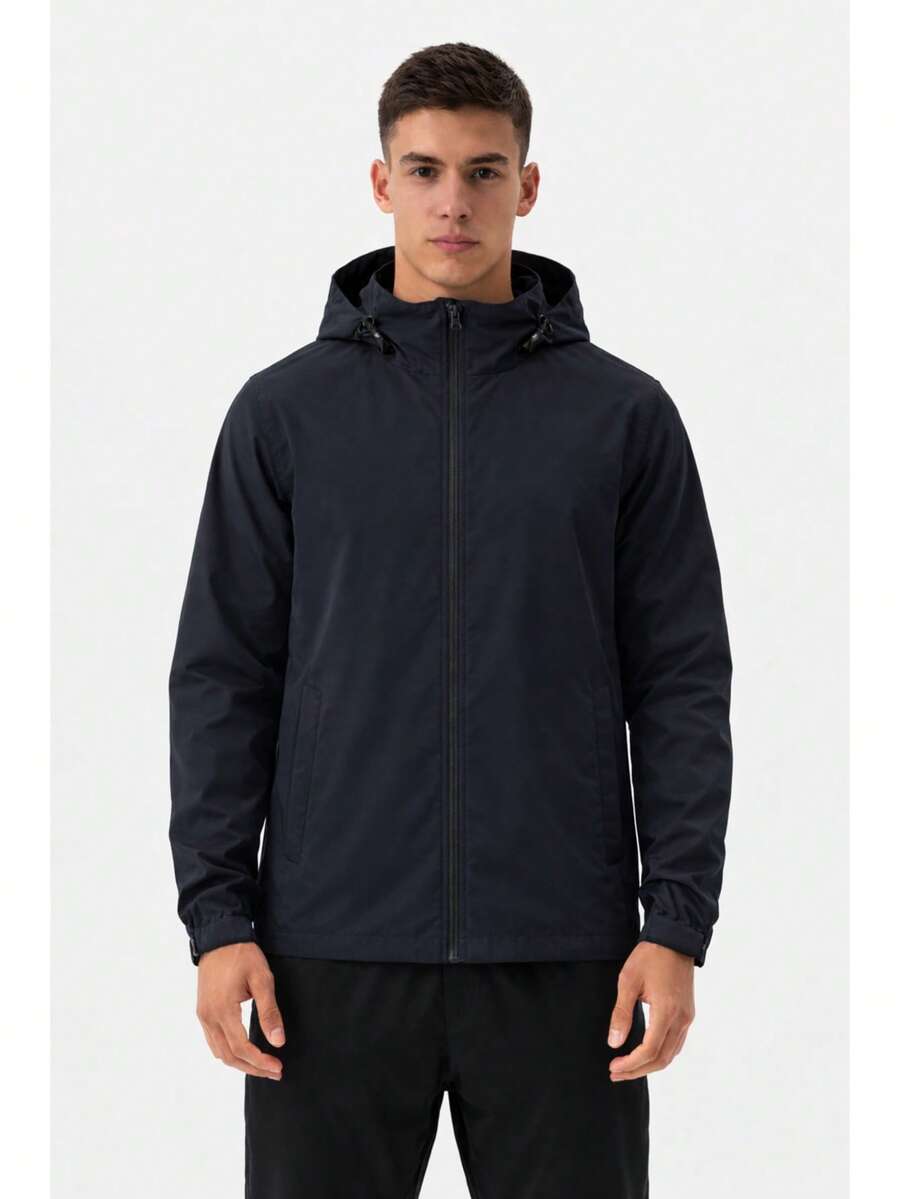 Men's Waterproof Windbreaker With Removable Hood, Sportswear For Gym Or Running - Black - View 1