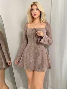 Vestido de manga larga para salir de cuello cuadrado de unicolor con mangas acampanadas y mini para mujeres Y2K otoñal, primavera y otoño - Caqui - Ver 5