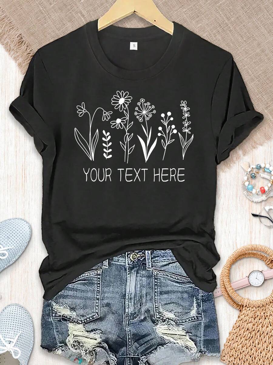 Personalized Wildflower T-Shirt, Flower Lover T-Shirts, Wildflower Graphic Tee With Custom Text, Personalized Flower Gift, Gifts For Teachers, Mothers, Family, And Friends - 黑色 - 查看 1