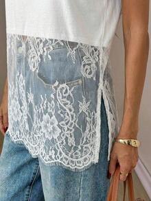 Top sin mangas de mujer con cuello redondo y dobladillo de encaje, primavera/verano - Blanco - Ver 7