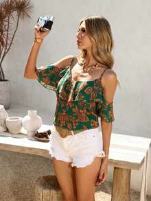 Blusa casual de verano con estampado floral y volantes en el bajo - Verde - Ver 3