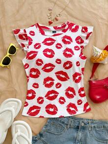 2 piezas Conjunto con Camiseta de Punto Blanco Acanalado con Volantes WYWH y Camiseta Sólida de Color Cereza, Estilo Bohemio, Boho, Floral Romántico, Vacaciones, Estilo Floral para Fiesta, Cita, Día de San Valentín, Pascua, Carnaval, Té de la Tarde - Multicolor 3 - Ver 3