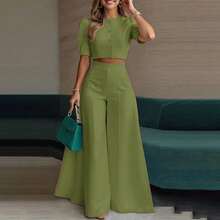 Elegant Spring Outfit For Women, Short Button-Down Blouse And Flared Trousers, Fashionable Style - 綠色 - 查看 1