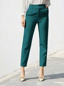 Pantalones de traje sólidos y simples para uso diario de mujer - Verde Oscuro - Ver 5