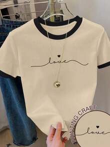 Camiseta de manga corta con cuello redondo, estampado de corazón y ribete de bloques de color para mujer talla grande, verano - Caqui - Ver 1