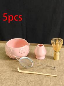 1 Stück/2 Stücke/4 Stücke/5 Stücke Japanischer Stil Geprägte Sakura Keramik Matcha Tee Set, hochwertige rosa Gießschale, Matcha Zubehör Set beinhaltet Schale, Quirl, Löffel, Sieb, geeignet für Matcha-Liebhaber und Anfänger, tolles Geschenk zum Muttertag, für Ältere, Valentinstag - Verschiedenfarbig - Übersicht 16