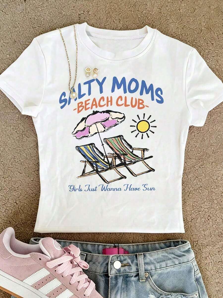 Camiseta de manga corta y cuello redondo informal con estampado de cerezas, para verano - Blanco 3 - Ver 1