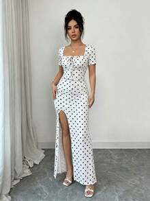 Vestido de verano de manga corta para mujer, vestido de vacaciones con estampado digital, vestido de playa y vacaciones con bajo con abertura, vestido largo con fruncido en la cintura - Rosa - Ver 9
