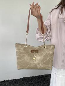 Túi tote Maillard phong cách retro, túi đeo vai cỡ lớn tiện dụng cho người đi làm, túi xách tay màu nâu đa năng mới. - Màu Khaki - Xem 6